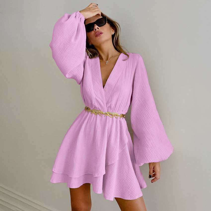 2024百搭纯棉连衣裙新款热卖欧美修身灯笼袖短裙女women clothes