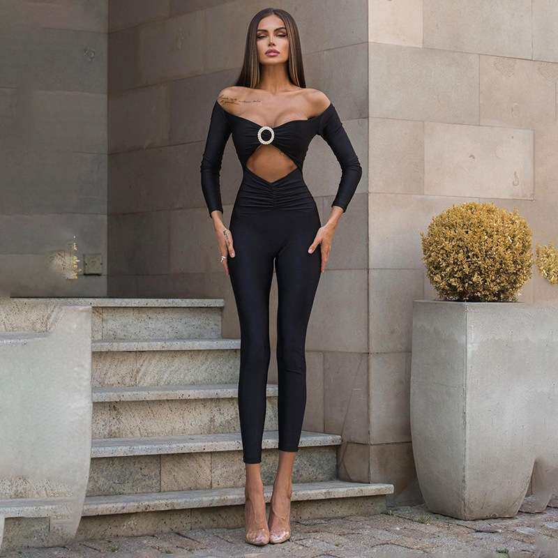 2024373欧美女装新款长袖一字肩镂空修身辣妹连体裤women clothes