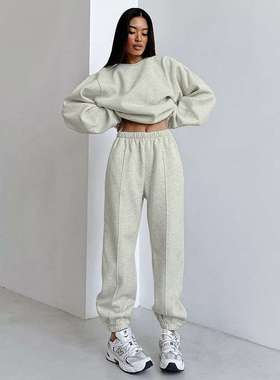 2024灰色休闲秋冬宽松欧美简约高级感卫衣卫裤女装women clothes