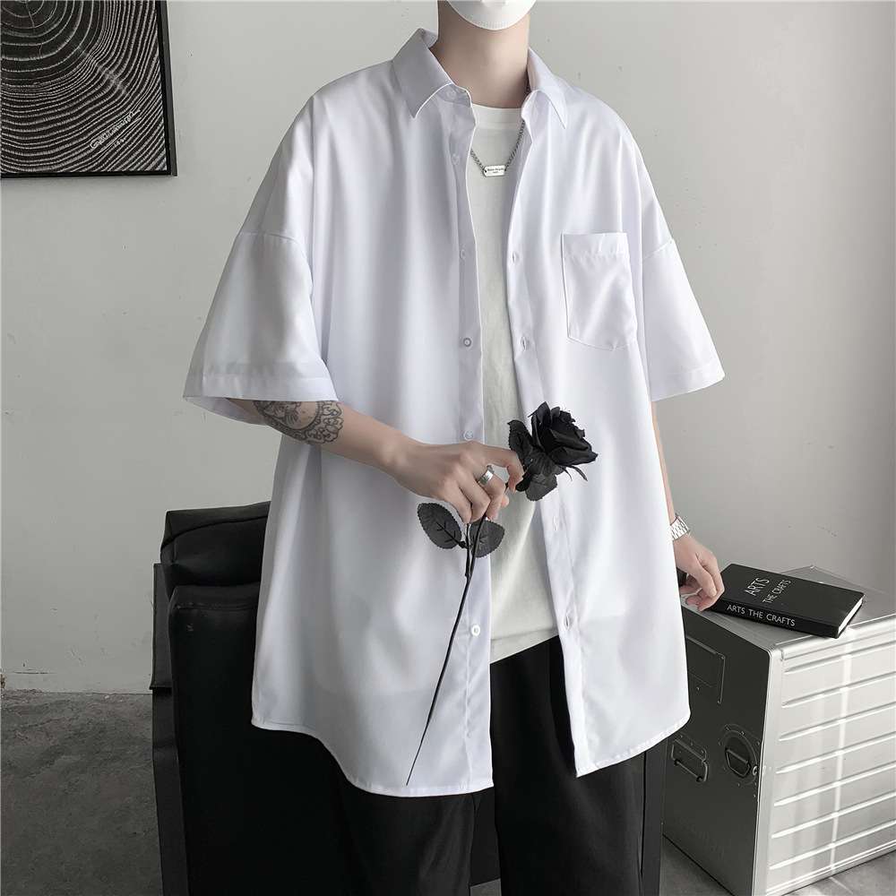 men clothes冰丝纯色衬衫男短袖韩版潮流百搭宽松五分袖衬衣2024