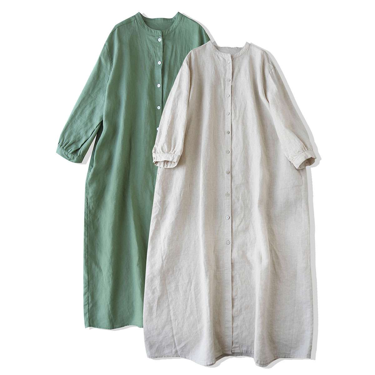 2024文艺立领长款衬衫裙纯亚麻连衣裙森系宽松棉麻women clothes