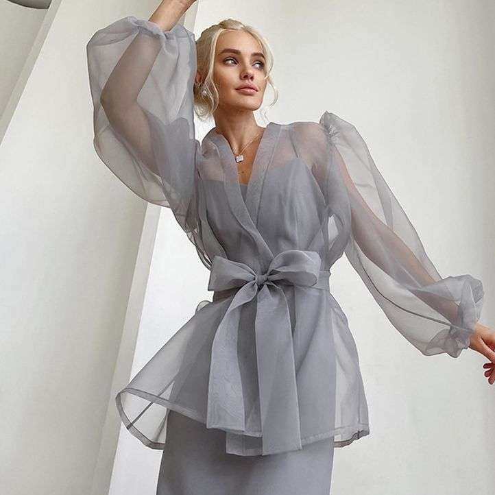 2024黑色透视网纱衬衫外套女小众长袖衬衣罩衫叠穿women clothes