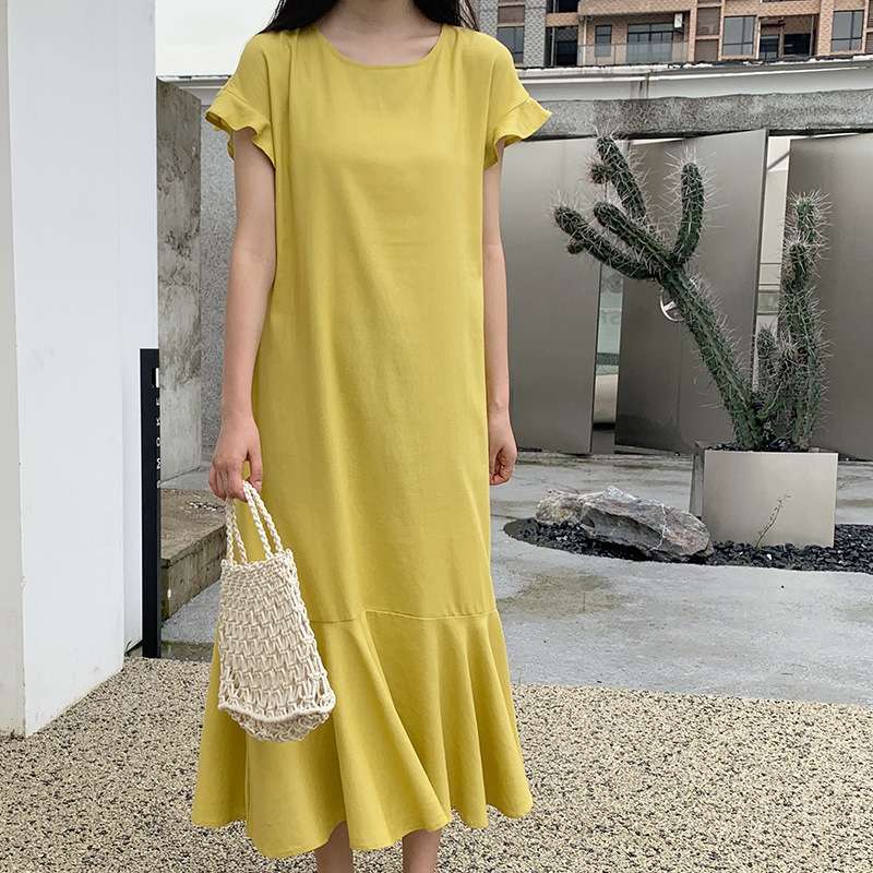 2024款连衣裙宽松显瘦棉麻荷叶边裙摆过膝凉凉长裙women clothes