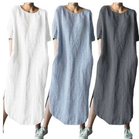 2024连衣裙夏季新款休闲宽松圆领中袖开叉连衣裙女women clothes