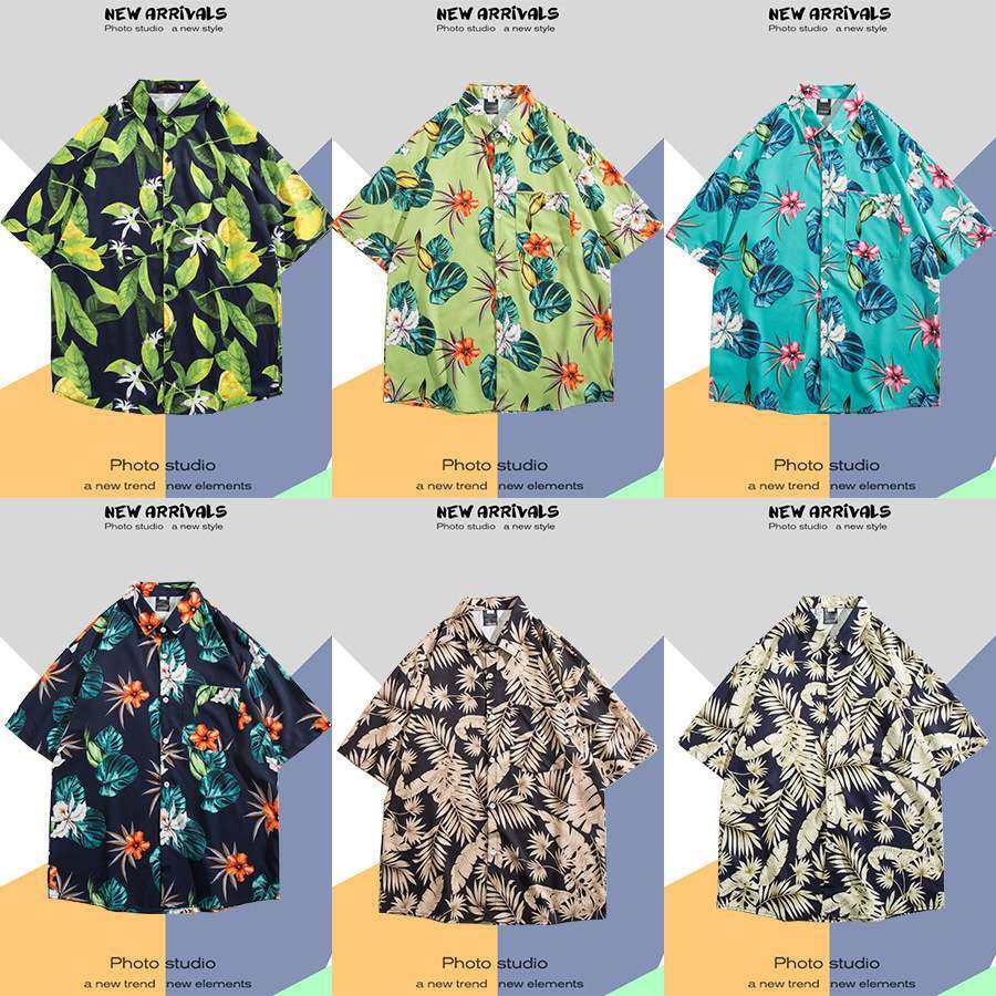 men clothes男士短袖ins痞帅夏威夷情侣宽松沙滩五分半袖衬衣2024