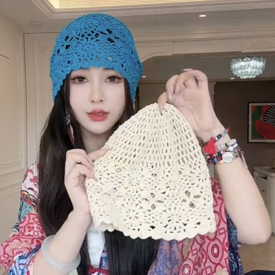 春秋薄款镂空手工钩花针织帽子女士出游度假包头帽复古文艺堆堆帽