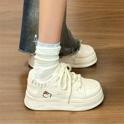 2025秋季新款奶fufu刺绣HelloKitty绑带大头板鞋子女厚底校园