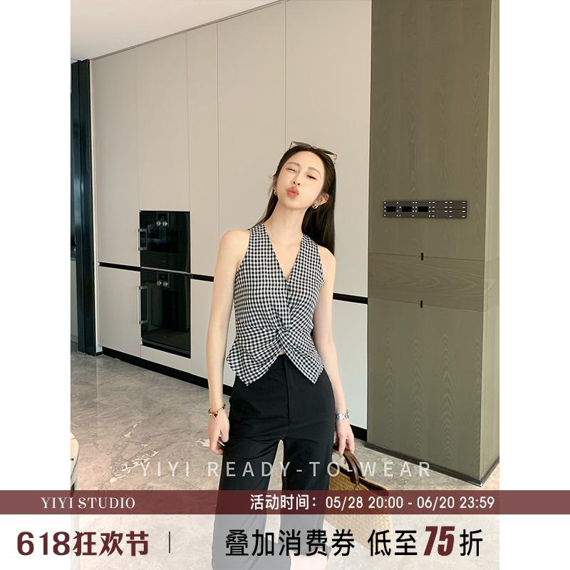 【摩登格调】小个子v领黑白格马甲背心女夏季设计感挂脖无袖上衣