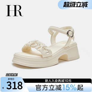 子2025年夏季 一字带凉鞋 HR赫莲娜女鞋 新款 厚底法式 珍珠舒适沙滩鞋
