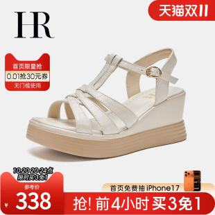 罗马凉鞋 新款 坡跟牛皮防水台一字扣带小众 子2025夏季 HR赫莲娜女鞋