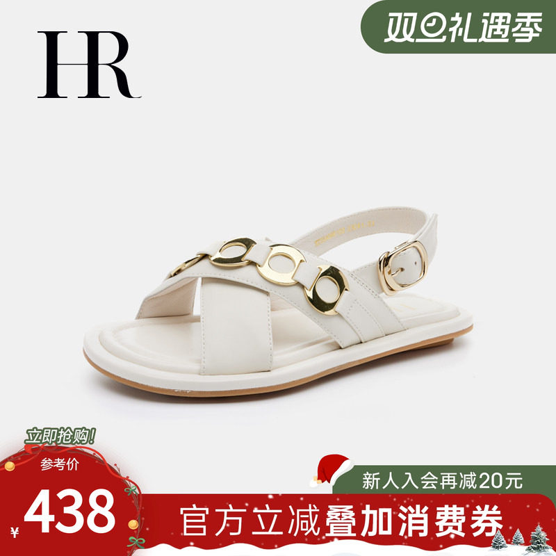 HR赫莲娜女鞋子2025夏季新款真皮罗马凉鞋平底百搭头层牛皮凉半