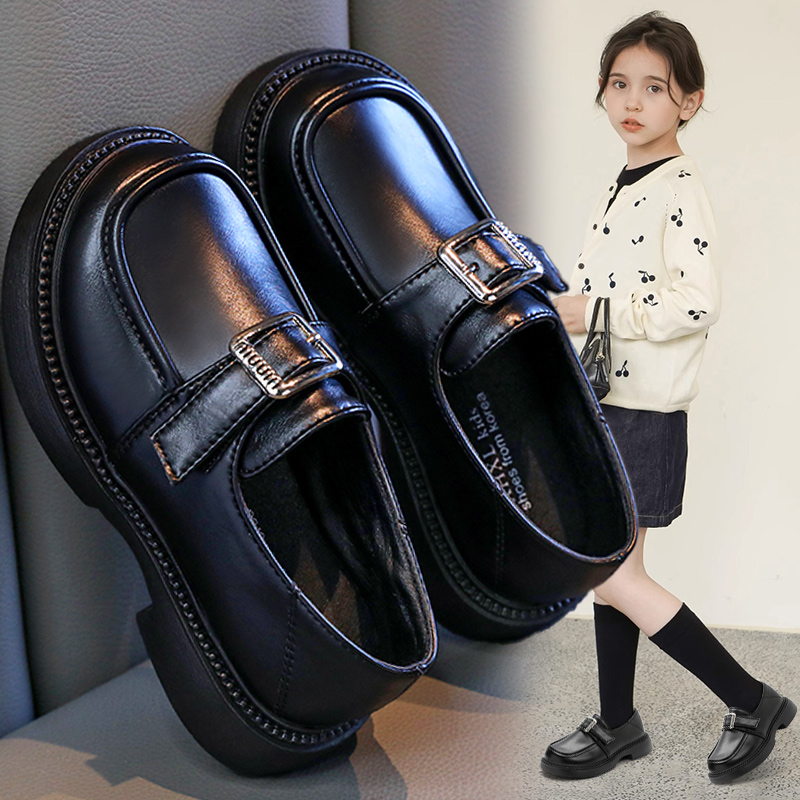 黑色女童小皮鞋春季2025新款儿童时尚乐福鞋女孩表演公主鞋中大童