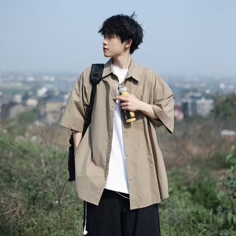 日系cityboy衬衫男生夏季卡其色复古短袖衬衣高级感痞帅休闲外套