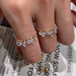 水滴流苏串珠戒指女小众设计轻奢高级感2025新款 七夕情侣对戒指环