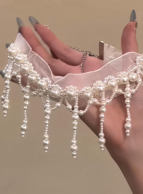 蕾丝仿珍珠流苏项链女绝美锁骨链