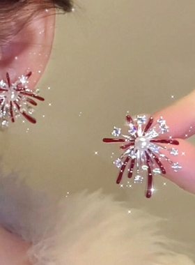 花火之舞！爆闪红色烟花耳钉高级感轻奢时尚耳环2026过新年耳饰女