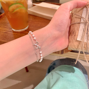 叠戴高颜值手串闺蜜手饰 蝴蝶结仿珍珠手链女轻奢小众精致2025新款