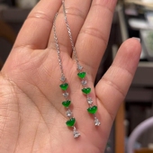 春夏款 显白翠绿爱心水滴流苏耳环女小众设计感耳钉方圆脸耳饰女