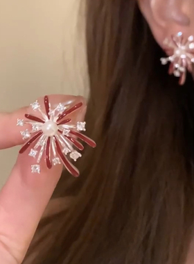 流光溢彩！超闪烟花红色耳钉高级感本命年2026过新年氛围感耳饰女