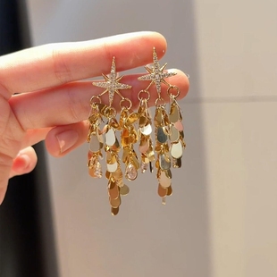 暮色星光！金色爆闪星芒流苏耳钉高级感精致耳环方圆脸气质耳饰女