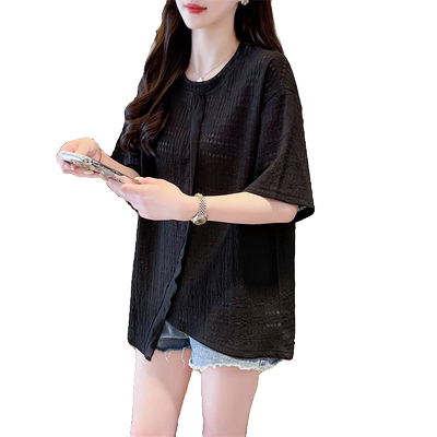 微胖mm超好看纯色开叉t恤女夏季