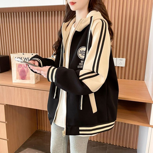 高级感加绒加厚重工棒球服女秋冬款大码洋气减龄爆款连帽保暖外套