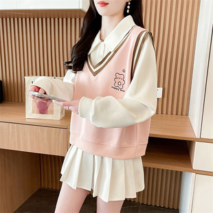 假两件翻领卫衣女2025春秋款 小个子短款 超好看宽松显瘦撞色上衣服