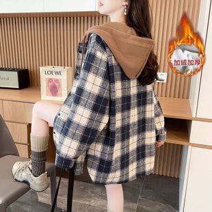 连帽上衣潮 加绒超好看春秋爆款 慵懒风韩版 撞色格子外套女秋冬大码