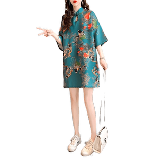 中国风改良旗袍女连衣裙2025夏季新款大码胖mm宽松复古国潮T恤裙