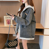 200斤洋气百搭开衫 春秋薄款 假两件重工连帽外套女胖mm大码 卫衣潮