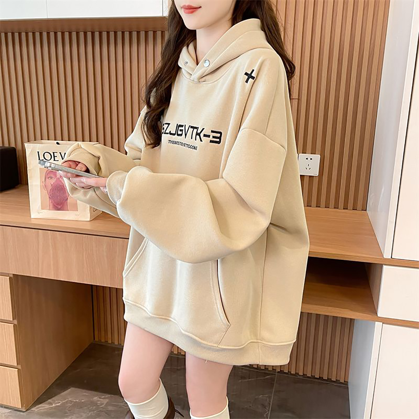 慵懒风宽松连帽卫衣女生加绒加厚