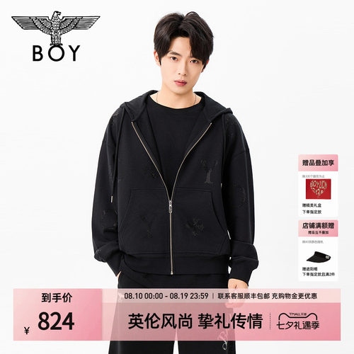 BOYLONDON潮牌烫钻针织连帽开衫卫衣26年秋季黑色纯棉外套N06002