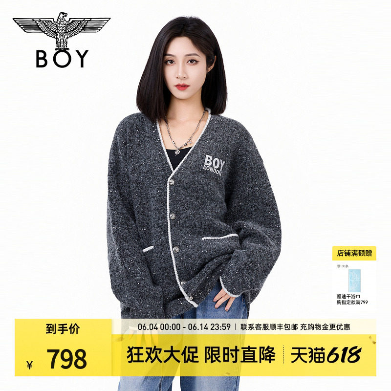 【繁星点点】BOYLONDON冬季潮牌V领时尚绣花开衫针织毛衣N64901