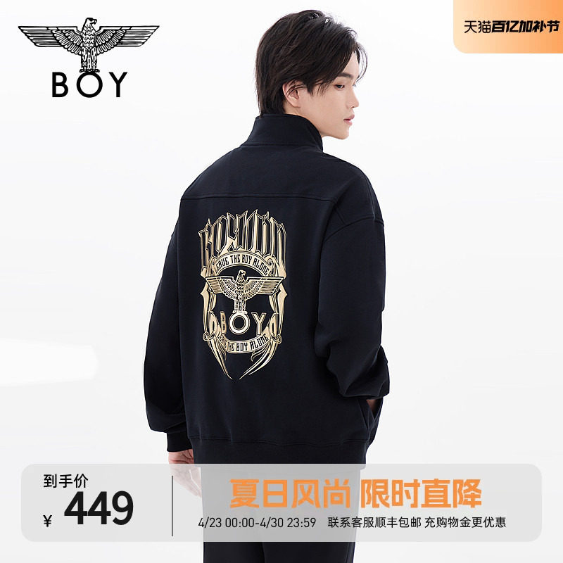 BOYLONDON春季男女同款上衣烫金潮牌半拉链套头长袖卫衣N03902