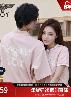 BOYLONDON夏情侣款T恤学院风奶油印花粉色短袖POLO衫N01088