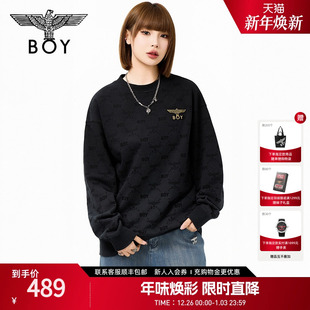 BOYLONDON春季 潮牌高街百搭黑色印花圆领套头卫衣N03904 男女同款