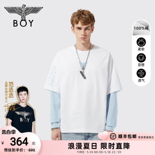 BOYLONDON潮牌长袖 印花简约休闲叠穿撞色假两件N00006 夏季 情侣款