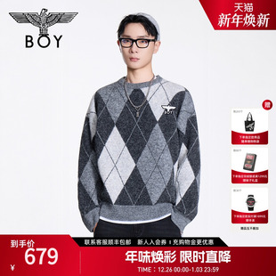 BOYLONDON情侣毛衣圆领套头2025年冬新款 撞色菱格针织上衣N60016