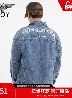 BOYLONDON春男女同款字母满印时尚百搭蓝色牛仔外套N50006