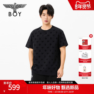 BOYLONDON纯棉黑色植绒满印立体印花短袖2026年春夏新款T恤N01005