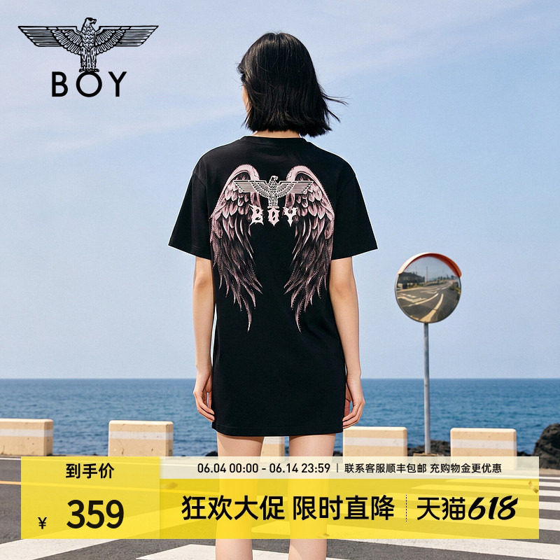 【粉雾羽痕】BOYLONDON唯美天使翅膀印花潮流夏季女连衣裙W17006