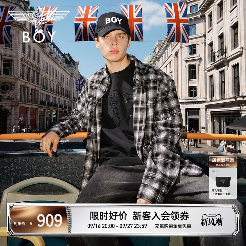 BOYLONDON复古黑白格子潮牌烫钻休闲秋季男女同款长袖衬衫N21038