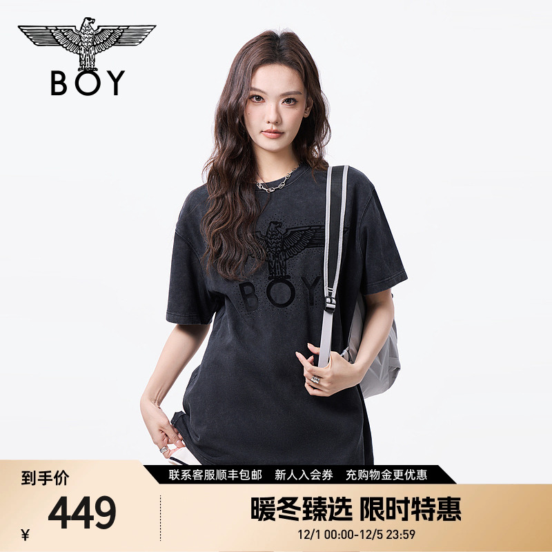 BOYLONDON春夏男女同款铁塔植绒印花朋克潮牌针织短袖T恤N01131