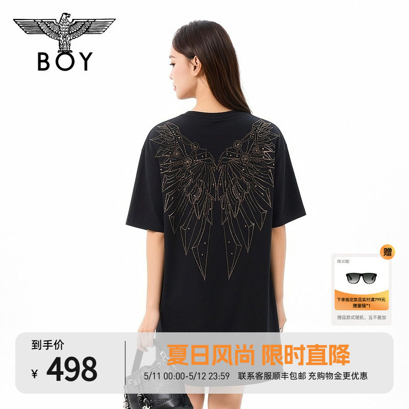 BOYLONDON春夏女款黑色T恤裙烫钻翅膀潮牌直筒连衣裙W17