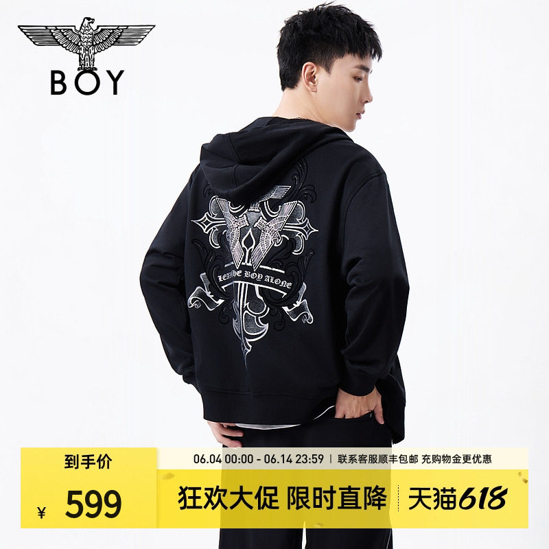BOYLONDON春季男女同款潮牌印花拉链薄外套连帽卫衣开衫N06008