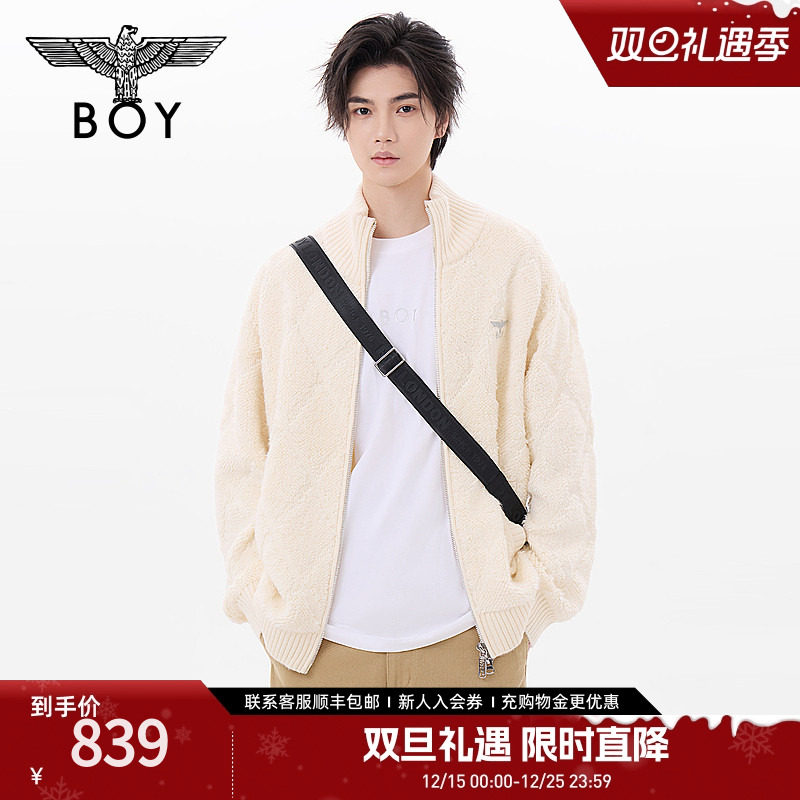 BOYLONDON春季情侣款针织衫格纹提花慵懒立领开衫外套N64