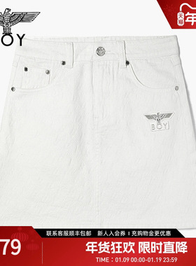 BOYLONDON夏女士短裙字母提花时尚百搭白色牛仔半裙W59001