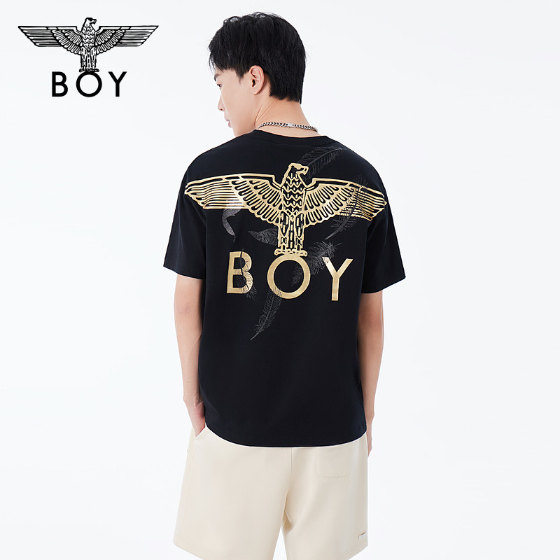BOYLONDON24新品春夏情侣款短袖烫金老鹰logo羽毛印花T恤N01800