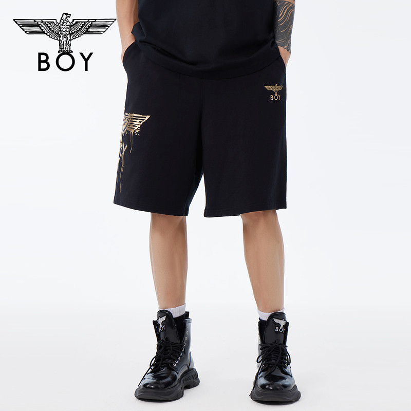 BOYLONDON24新品春情侣款针织短裤老鹰印花潮流百搭直筒裤N14981