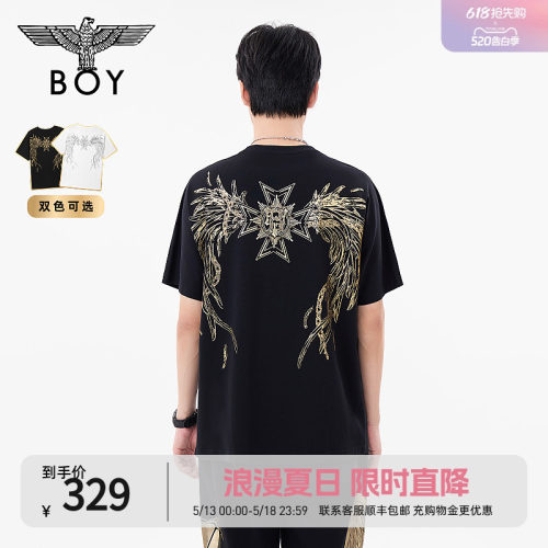 BOYLONDON情侣款短袖金色翅膀印花朋克潮牌圆领T恤N01117